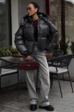 Женская Зимняя Дутая Графитовая Куртка Пуфер Пуфи Оверсайз с Капюшоном