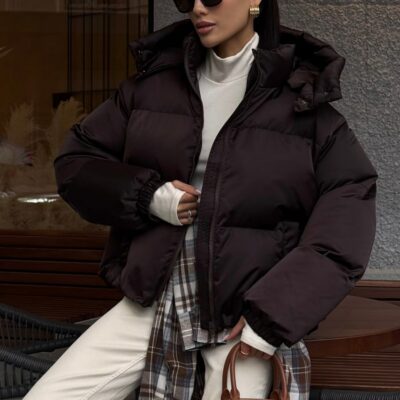 Женская Зимняя Дутая Коричневая Куртка Пуфер Пуфи Оверсайз с Капюшоном