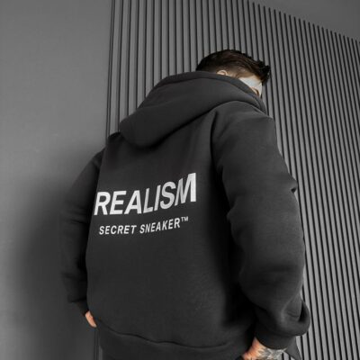 Мужское Теплое Графитовое Зип Худи с Начесом - Кофта Зипка на Молнии с Надписью на Спине