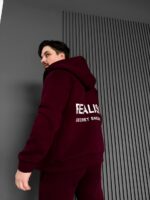 Мужское Теплое Бордовое Зип Худи с Начесом - Кофта Зипка на Молнии с Надписью на Спине