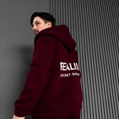 Мужское Теплое Бордовое Зип Худи с Начесом - Кофта Зипка на Молнии с Надписью на Спине