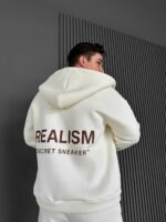 Мужское Теплое Молочное Зип Худи с Начесом - Кофта Зипка на Молнии с Надписью на Спине