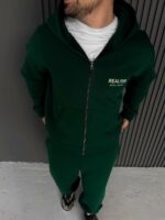 Мужское Теплое Зеленое Зип Худи с Начесом - Кофта Зипка на Молнии с Надписью на Спине