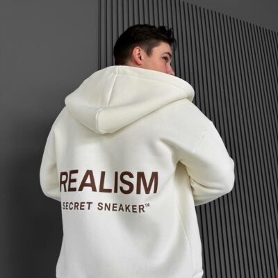 Мужское Теплое Молочное Зип Худи с Начесом - Кофта Зипка на Молнии с Надписью на Спине