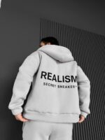 Мужское Теплое Серое Зип Худи с Начесом - Кофта Зипка на Молнии с Надписью на Спине