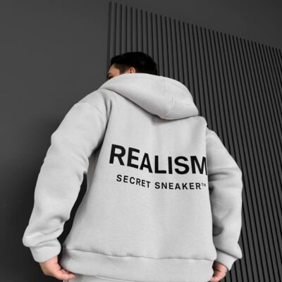 Мужское Теплое Серое Зип Худи с Начесом - Кофта Зипка на Молнии с Надписью на Спине