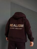 Мужское Теплое Коричневое Зип Худи с Начесом - Кофта Зипка на Молнии с Надписью на Спине