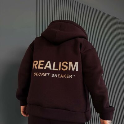 Мужское Теплое Коричневое Зип Худи с Начесом - Кофта Зипка на Молнии с Надписью на Спине