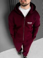 Мужское Теплое Бордовое Зип Худи с Начесом - Кофта Зипка на Молнии с Надписью на Спине