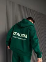 Мужское Теплое Зеленое Зип Худи с Начесом - Кофта Зипка на Молнии с Надписью на Спине