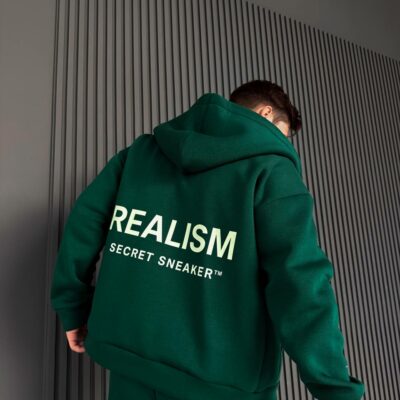 Мужское Теплое Зеленое Зип Худи с Начесом - Кофта Зипка на Молнии с Надписью на Спине