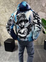 Мужской Утепленный Синий Анорак Плащевка в Принт с Капюшоном