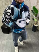 Мужской Утепленный Синий Анорак Плащевка в Принт с Капюшоном