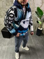 Мужской Утепленный Синий Анорак Плащевка в Принт с Капюшоном