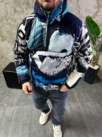 Мужской Утепленный Синий Анорак Плащевка в Принт с Капюшоном