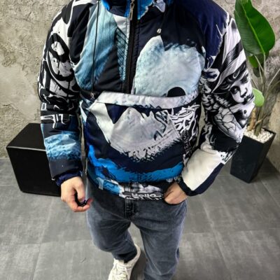 Мужской Утепленный Синий Анорак Плащевка в Принт с Капюшоном