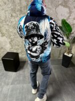 Мужской Утепленный Синий Анорак Плащевка в Принт с Капюшоном