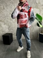 Мужской Утепленный Белый Анорак Плащевка в Принт с Капюшоном