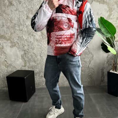 Мужской Утепленный Белый Анорак Плащевка в Принт с Капюшоном