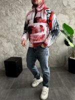 Мужской Утепленный Белый Анорак Плащевка в Принт с Капюшоном