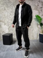Мужской Теплый Флисовый Черный Костюм Рубашка Штаны Свободного Кроя