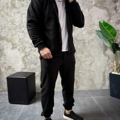 Мужской Теплый Флисовый Черный Костюм Рубашка Штаны Свободного Кроя