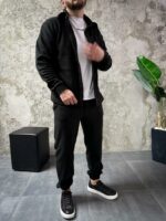 Мужской Теплый Флисовый Черный Костюм Рубашка Штаны Свободного Кроя