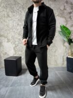 Мужской Теплый Флисовый Черный Костюм Рубашка Штаны Свободного Кроя