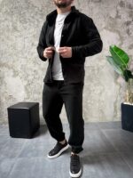 Мужской Теплый Флисовый Черный Костюм Рубашка Штаны Свободного Кроя