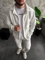 Мужской Теплый Флисовый Белый Костюм Рубашка Штаны Свободного Кроя