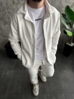 Мужской Теплый Флисовый Белый Костюм Рубашка Штаны Свободного Кроя