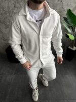 Мужской Теплый Флисовый Белый Костюм Рубашка Штаны Свободного Кроя