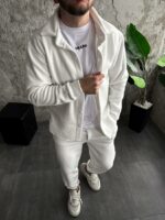 Мужской Теплый Флисовый Белый Костюм Рубашка Штаны Свободного Кроя