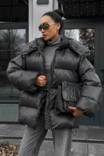 Женская Зимняя Объемная Графитовая Куртка Пуховик Тайм Оверсайз с Капюшоном