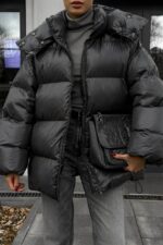 Женская Зимняя Объемная Графитовая Куртка Пуховик Тайм Оверсайз с Капюшоном