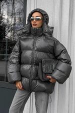 Женская Зимняя Объемная Графитовая Куртка Пуховик Тайм Оверсайз с Капюшоном