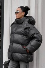 Женская Зимняя Объемная Графитовая Куртка Пуховик Тайм Оверсайз с Капюшоном