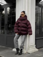Женская Зимняя Объемная Бордовая Куртка Пуховик Тайм Оверсайз с Капюшоном