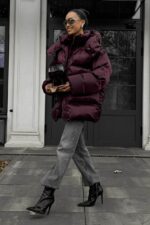 Женская Зимняя Объемная Бордовая Куртка Пуховик Тайм Оверсайз с Капюшоном