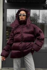 Женская Зимняя Объемная Бордовая Куртка Пуховик Тайм Оверсайз с Капюшоном