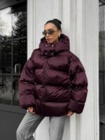 Женская Зимняя Объемная Бордовая Куртка Пуховик Тайм Оверсайз с Капюшоном