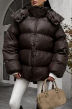 Женская Зимняя Объемная Коричневая Куртка Пуховик Тайм Оверсайз с Капюшоном