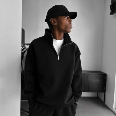 Мужская Базовая Черная Кофта Свитшот Свободного Кроя с Высоким Горлом на Замке