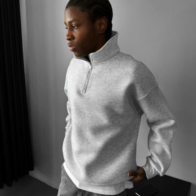 Мужская Базовая Серая Меланж Кофта Свитшот Свободного Кроя с Высоким Горлом на Замке