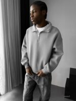 Мужская Базовая Серая Кофта Свитшот Свободного Кроя с Высоким Горлом на Замке