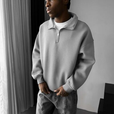 Мужская Базовая Серая Кофта Свитшот Свободного Кроя с Высоким Горлом на Замке