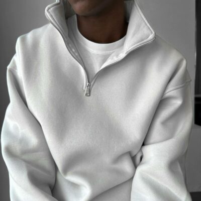 Мужская Базовая Белая Кофта Свитшот Свободного Кроя с Высоким Горлом на Замке