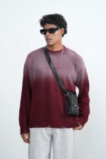 Мужской Бордовый Рваный Свитер Градиент Свободного Кроя