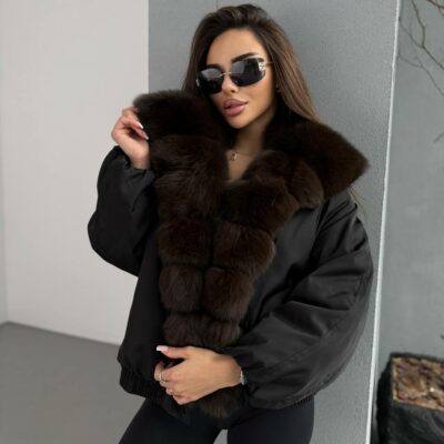 Женская Зимняя Черная Куртка с Натуральным Мехом