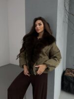 Женская Зимняя Куртка Хаки с Натуральным Мехом